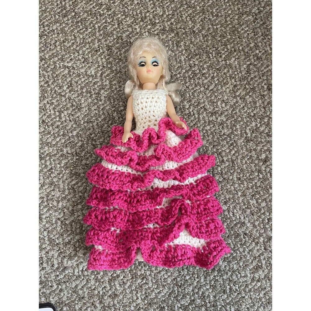 Vintage Plastic 14” Doll Blonde Hair Blue Eyes Pink/white Crocheted Dress